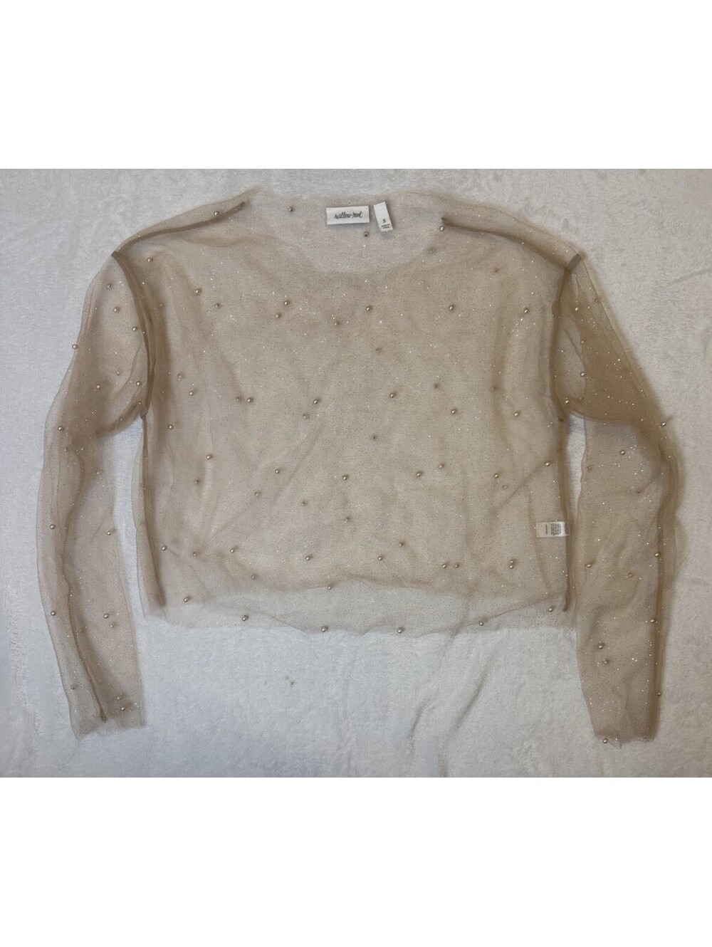 Willow & Root Faux Pearl Top Sheer Mesh Long Sleeve Pearl Gold Specks Size S